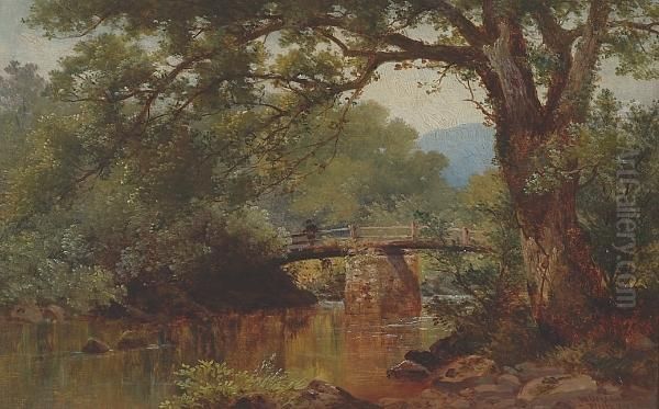 A Figure On A Wooden Bridge Over A Devon River Oil Painting by William Williams