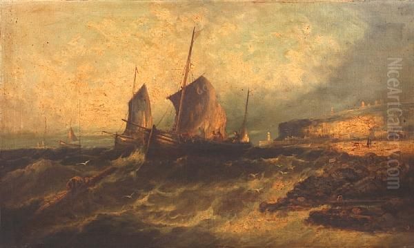 Fishing Vessels In Rough Waters Off Thecoast Oil Painting by William Harry Williamson