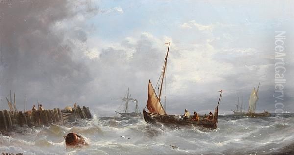 Fishing Boats Off A Jetty Oil Painting by William Harry Williamson