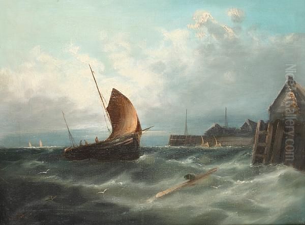 Fishing Vessels On A Rough Sea Oil Painting by William Harry Williamson