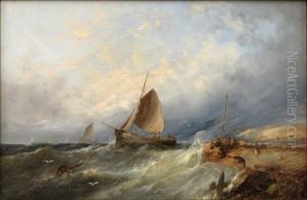 Fishing Vessels Off The Coast Oil Painting by William Harry Williamson