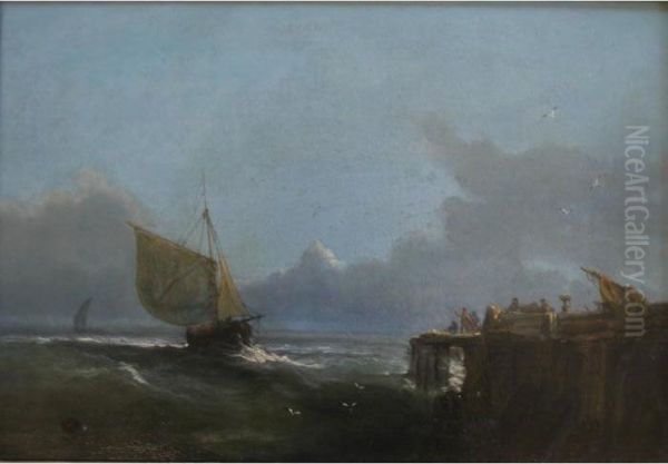 A Fishing Boat Approaching A Jetty Oil Painting by William Harry Williamson