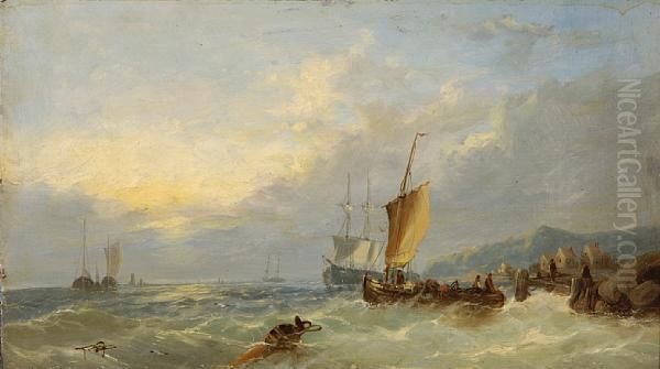 Fishing Boats Off A Coast, And Another Similar Oil Painting by William Harry Williamson