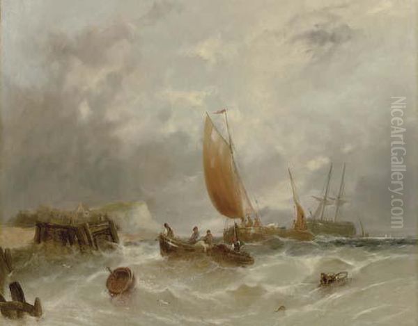 Fishing Boats Off A Jetty Oil Painting by William Harry Williamson