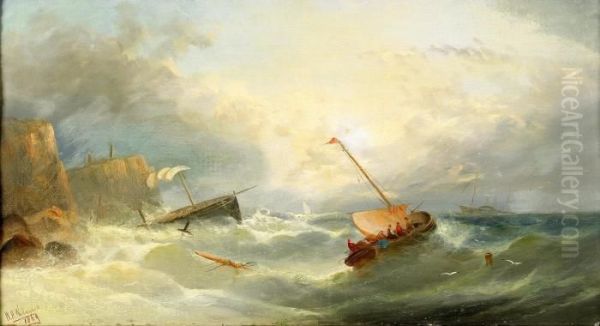 Fishing Boats In Rough Sea Off Coast Oil Painting by William Harry Williamson