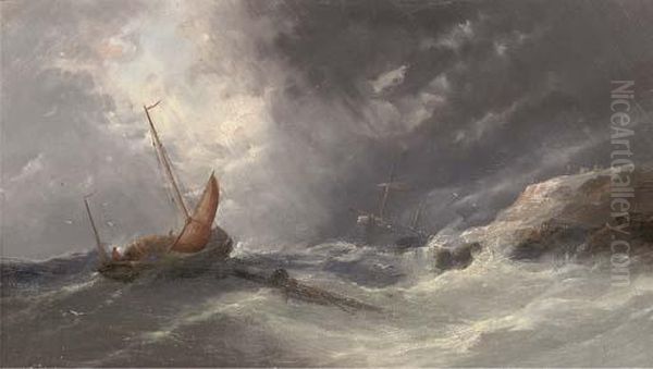 A Fishing Lugger In An Onshore Breeze With A Wreck Beyond Oil Painting by William Harry Williamson