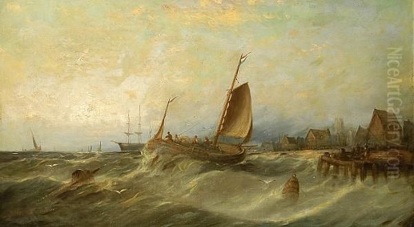 Ships In Choppy Seas Off A Seaside Town Oil Painting by William Harry Williamson