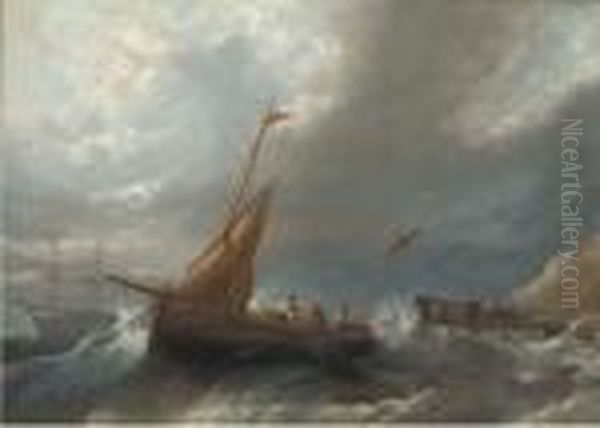 Fishermen Hauling In Their Nets In A Gale Off A Jetty Oil Painting by William Harry Williamson