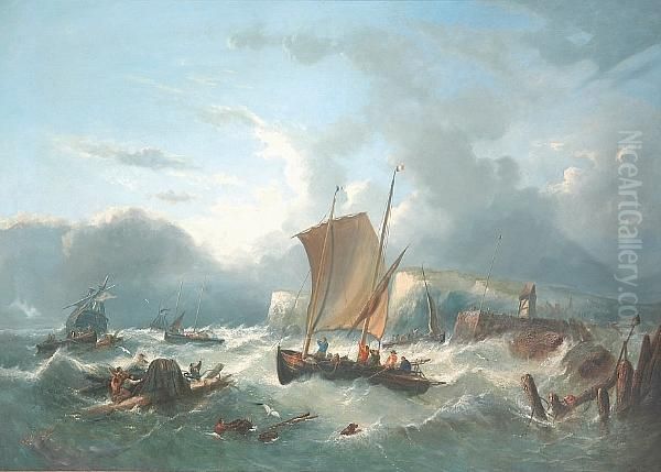 Fishing Vessels And Salvagers Off The French Coast Oil Painting by William Harry Williamson