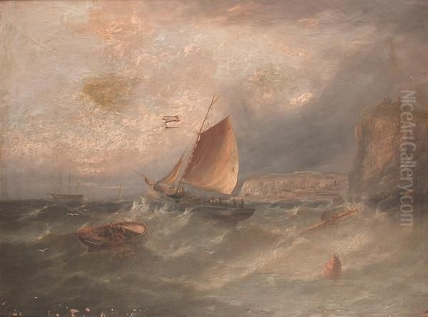 Fishing Boats Clearing Dover Harbour In Rough Weather Oil Painting by William Harry Williamson