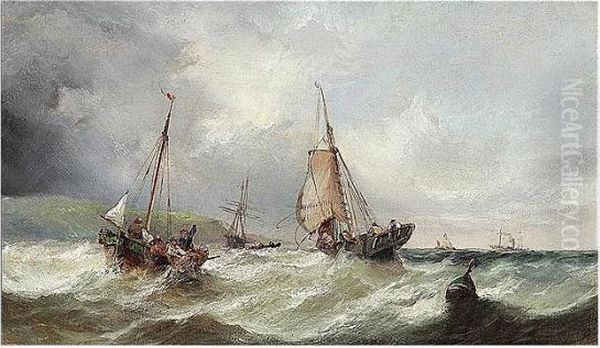 Fishing Boats In Stormy Seas Oil Painting by William Harry Williamson