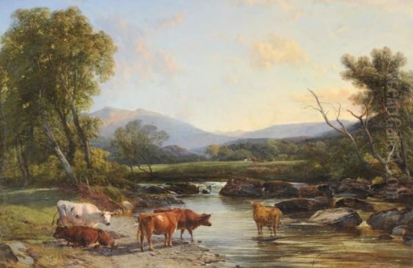 Cattle Beside A River With A Lakeland Landscape Beyond Oil Painting by Henry Brittan Willis