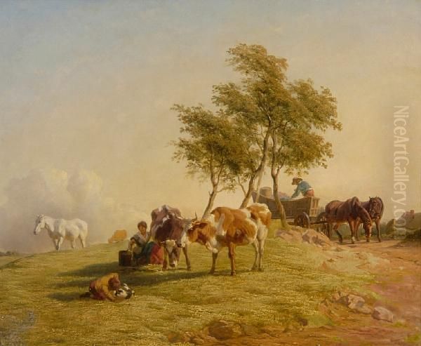 Rural Scene With Cows, Figures And Horses Oil Painting by Henry Brittan Willis