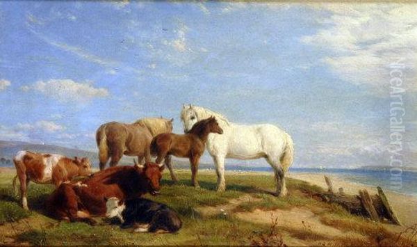 Castle And Horses, Resting Beside A Beach Oil Painting by Henry Brittan Willis