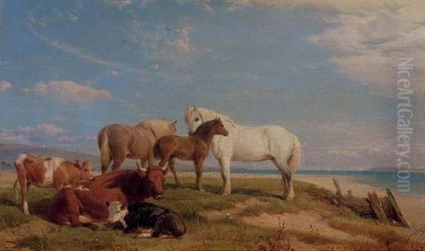 Cattle And Horses Resting Beside A Beach Oil Painting by Henry Brittan Willis