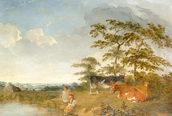 Children Fishing With Cattle In The Background by Henry Brittan Willis