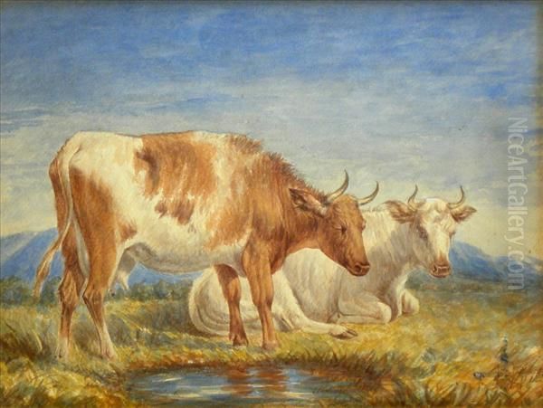 Cattle By Apool Oil Painting by Henry Brittan Willis