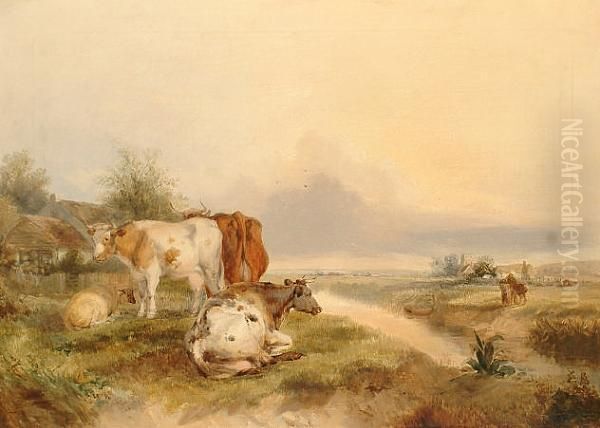 Cattle Resting By A River. Oil Painting by Henry Brittan Willis