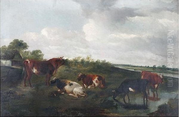 Cattle Grazing Before A River Landscape Oil Painting by Henry Brittan Willis