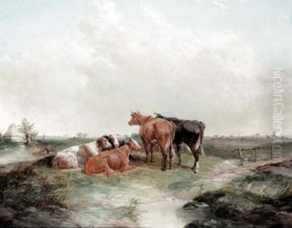 Cattle With Windmill In The Distance Oil Painting by Henry Brittan Willis