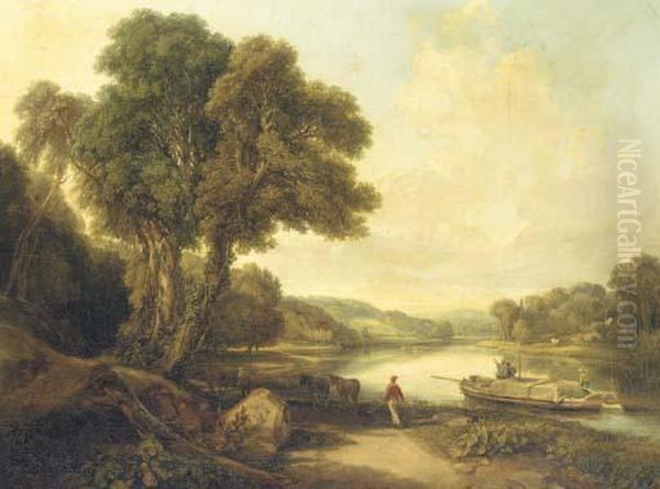 Figures Towing The Barge Pennsylvania Upstream In A Riverlandscape Oil Painting by Henry Brittan Willis