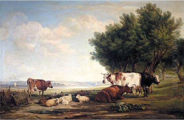 Cattle And Sheep In A River Landscape Oil Painting by Henry Brittan Willis