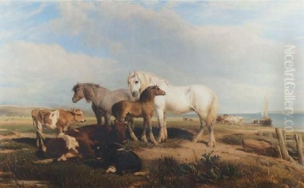 Horse And Cattle On The Shore Oil Painting by Henry Brittan Willis