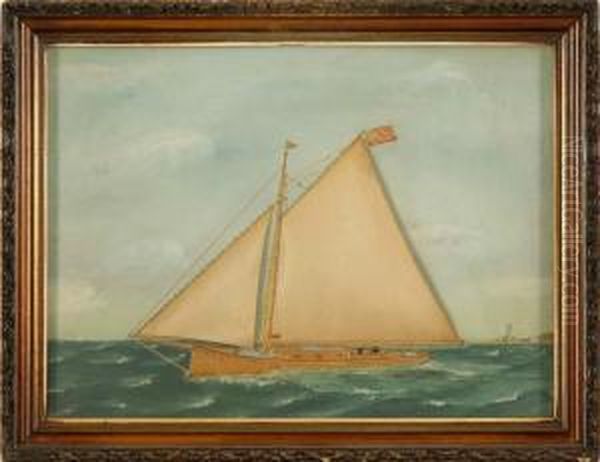 Catboat Off A Coast Oil Painting by Thomas Willis