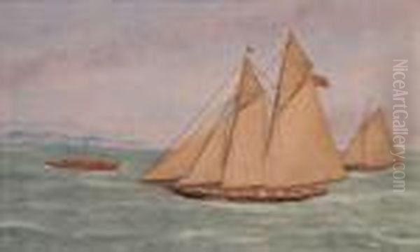 Fishing Schooner With Two Yachts With Lighthouse In Thedistance Oil Painting by Thomas Willis