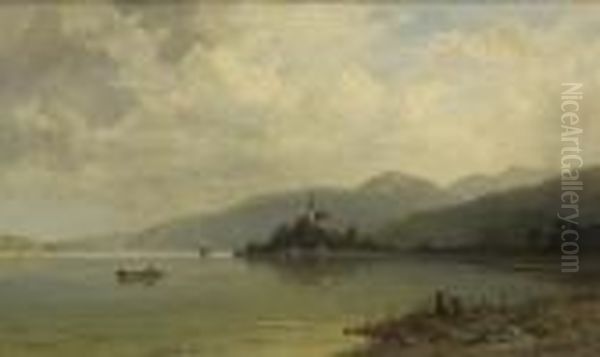 Der Worthersee Mit Der Kirche
 Maria Worth Von Nordwesten. Oil Painting by Josef Willroider