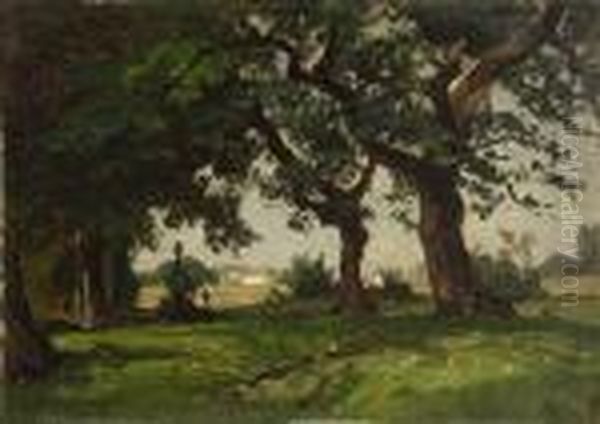 Blick Vom Waldesrand Auf Ein Dorf
 Im Sonnenlicht. Oil Painting by Josef Willroider