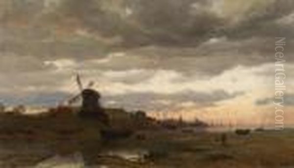 Dutch Landscapewith Harbour Oil Painting by Ludwig Willroider