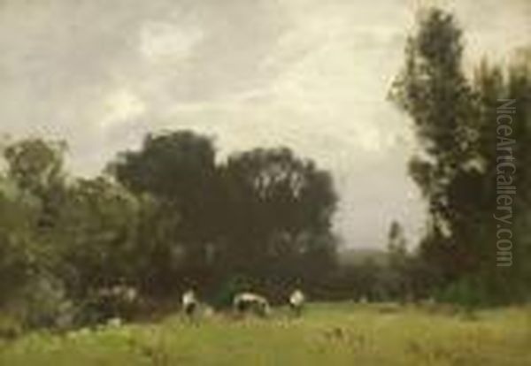 Kuhe In Baumlandschaft Oil Painting by Ludwig Willroider