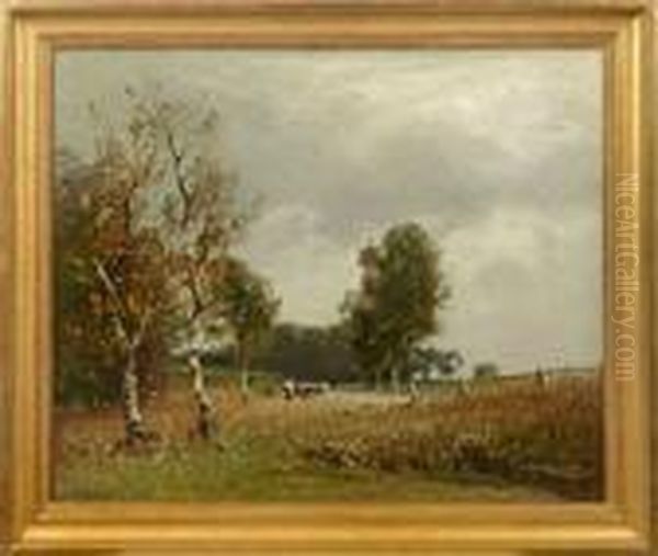 Schafhirtin In Fruhherbstlicher Landschaft Mit Birken Oil Painting by Ludwig Willroider