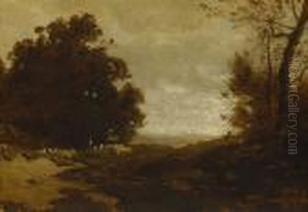 Schafer Mit Herde In Herbstlicher Baumlandschaft. Oil Painting by Ludwig Willroider