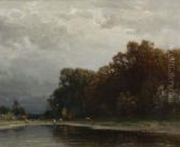 Kuhe Am Wasser In Herbstlicher Baumlandschaft. Oil Painting by Ludwig Willroider