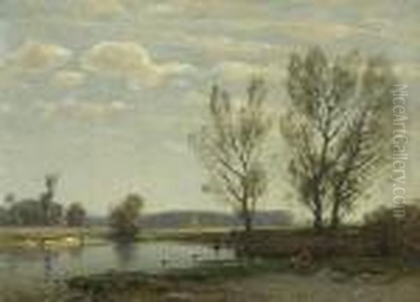 Moorlandschaft Mit
 Storchen Oil Painting by Ludwig Willroider