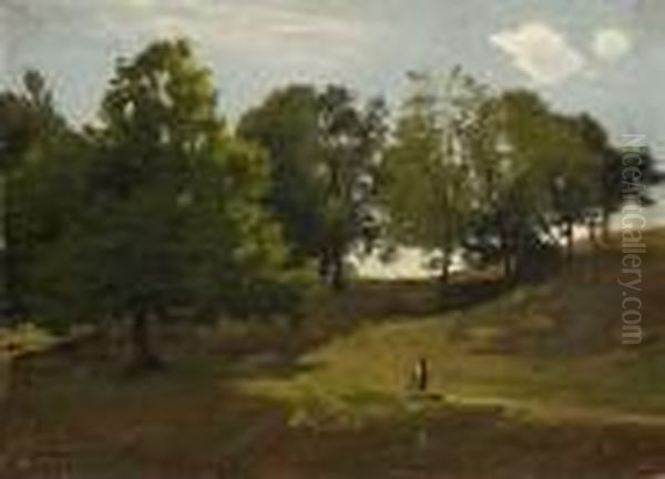 Baumgruppe In Hugeliger
 Landschaft. Oil Painting by Ludwig Willroider