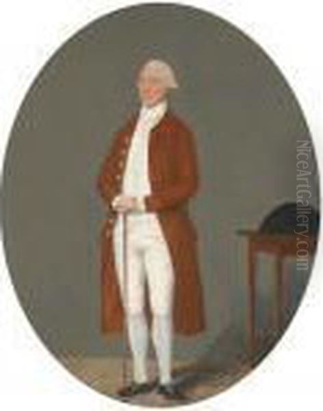 Portrait Of A Gentleman, 
Full-length, In A Brown Coat And Whitewaistcoat And Breeches, Holding A 
Cane, A Tricorn On A Table Besidehim Oil Painting by Benjamin Wilson