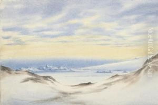 Rocky Islets And Slopes Of Erebus, Mcmurdo Strait, 25 April 1903 Oil Painting by Edward Adrian Wilson