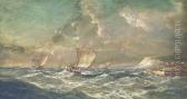 Boats Off A Chalk Headland Oil Painting by John Wilson