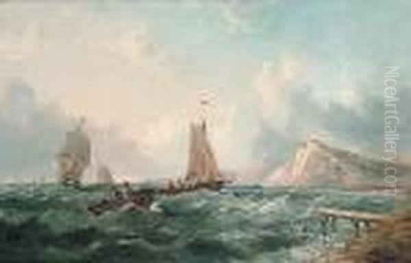 Ships Off The Coast Oil Painting by John Wilson