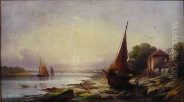 River Landscape With Boats Oil Painting by John James Wilson