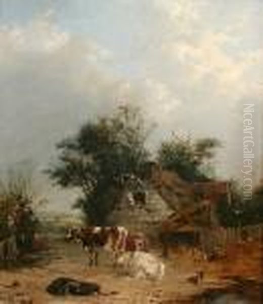 Cows And Hens In A Farmyard Oil Painting by John James Wilson