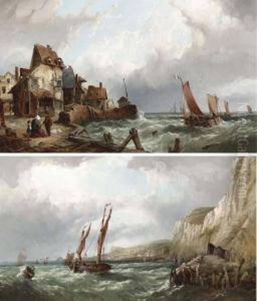 Fishing Off The South Coast And Shipping Off Normandy Oil Painting by John James Wilson