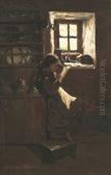 A Young Girl Seated By A Kitchen Window Reading Oil Painting by Peter MacGregor Wilson