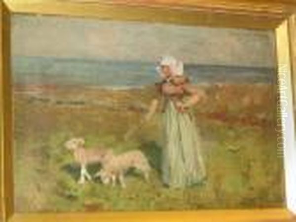 Shepherdess Tending Orphan Lambs Oil Painting by Peter MacGregor Wilson