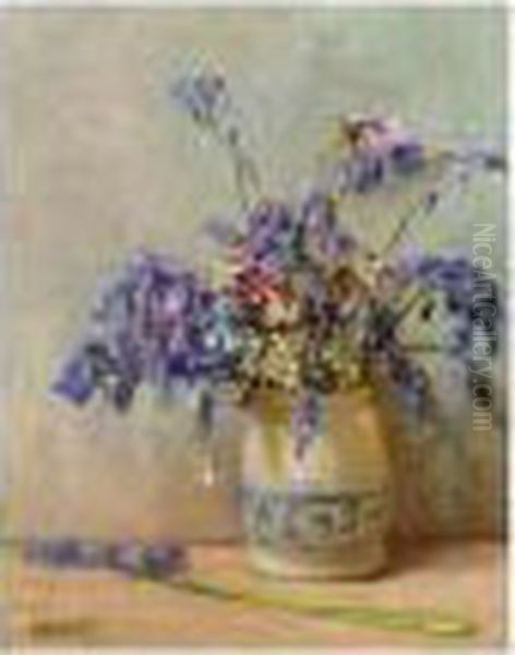 A Still Life Of Bluebells, Campions And Daisies In A Vase Oil Painting by Peter MacGregor Wilson