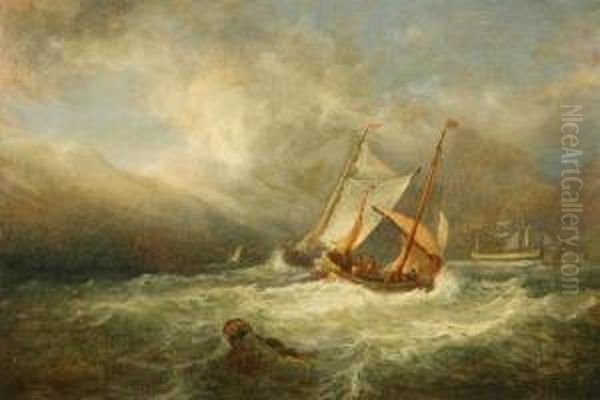 Attributed Marine With Fishing Boat In Stormy Weather Oil Painting by John Jock Wilson