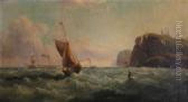 Seascape With Boats And Cliffs Oil Painting by John Jock Wilson